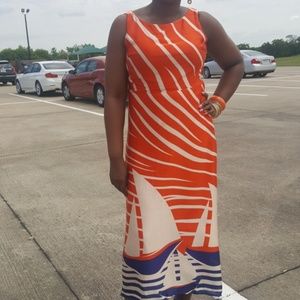 Sleeveless orang cream and blue midi dress